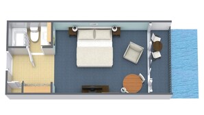 Disposição de quarto de hotel com cama, área de estar e vista para o mar.