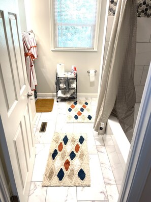Hair dryer, towels, soap, toilet paper