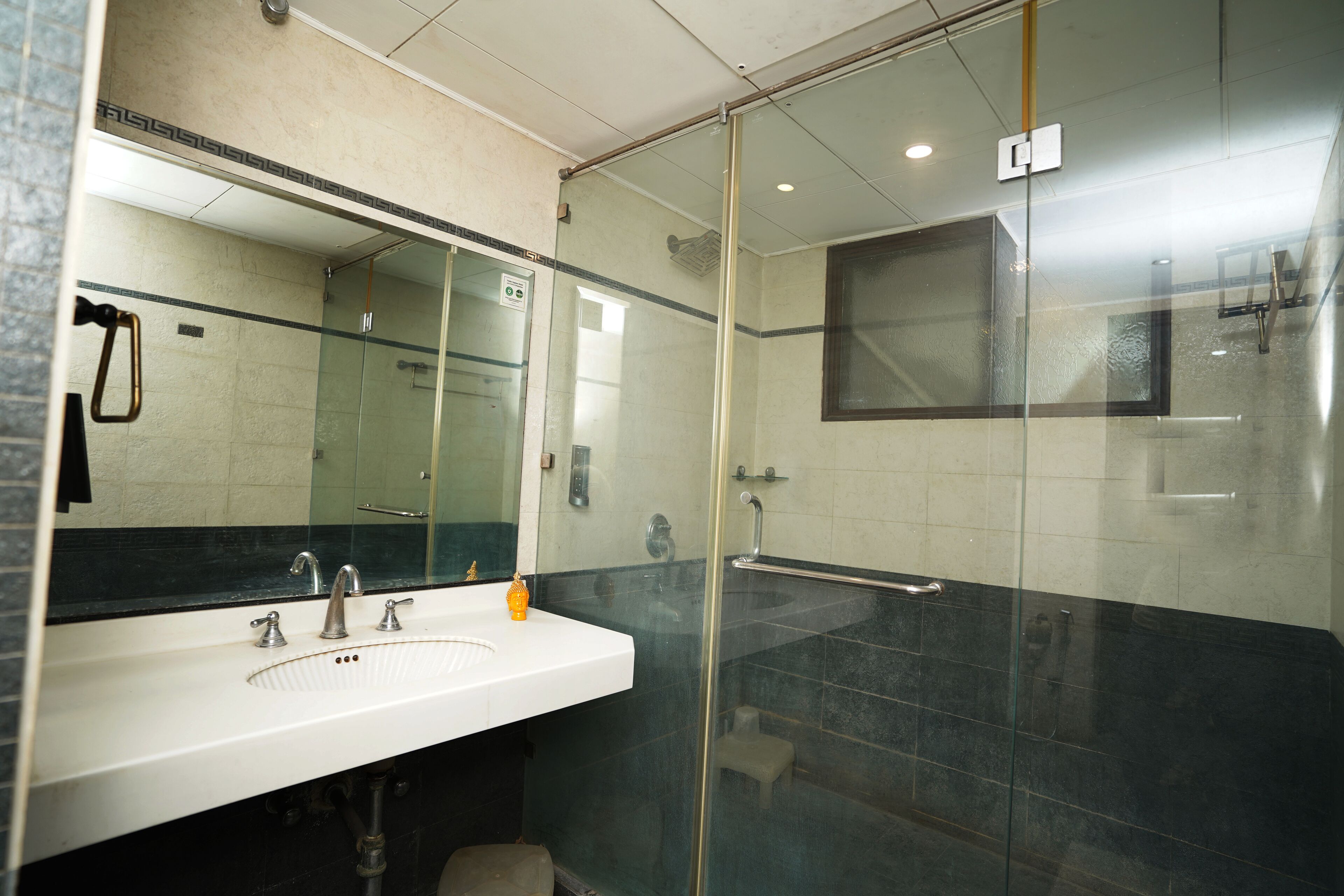 A modern bathroom with a glass-enclosed shower, a white sink, and a large mirror.