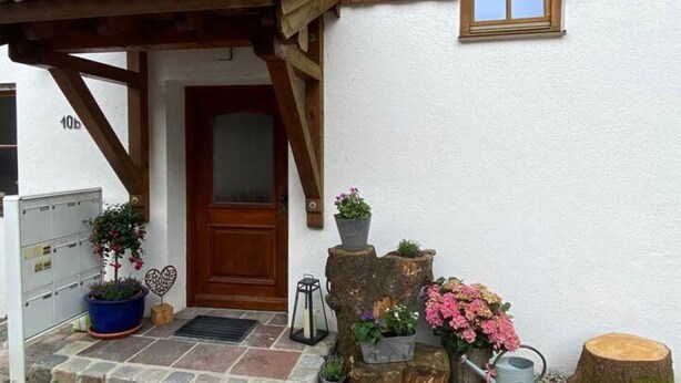 A building entrance with a wooden door, a small window, and potted plants.