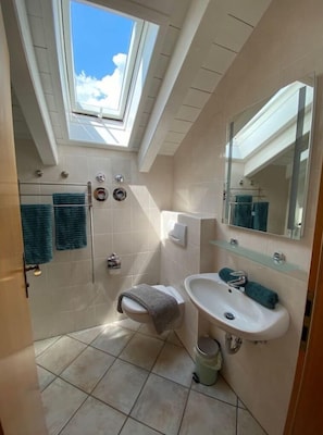 Shower, free toiletries, hair dryer, towels