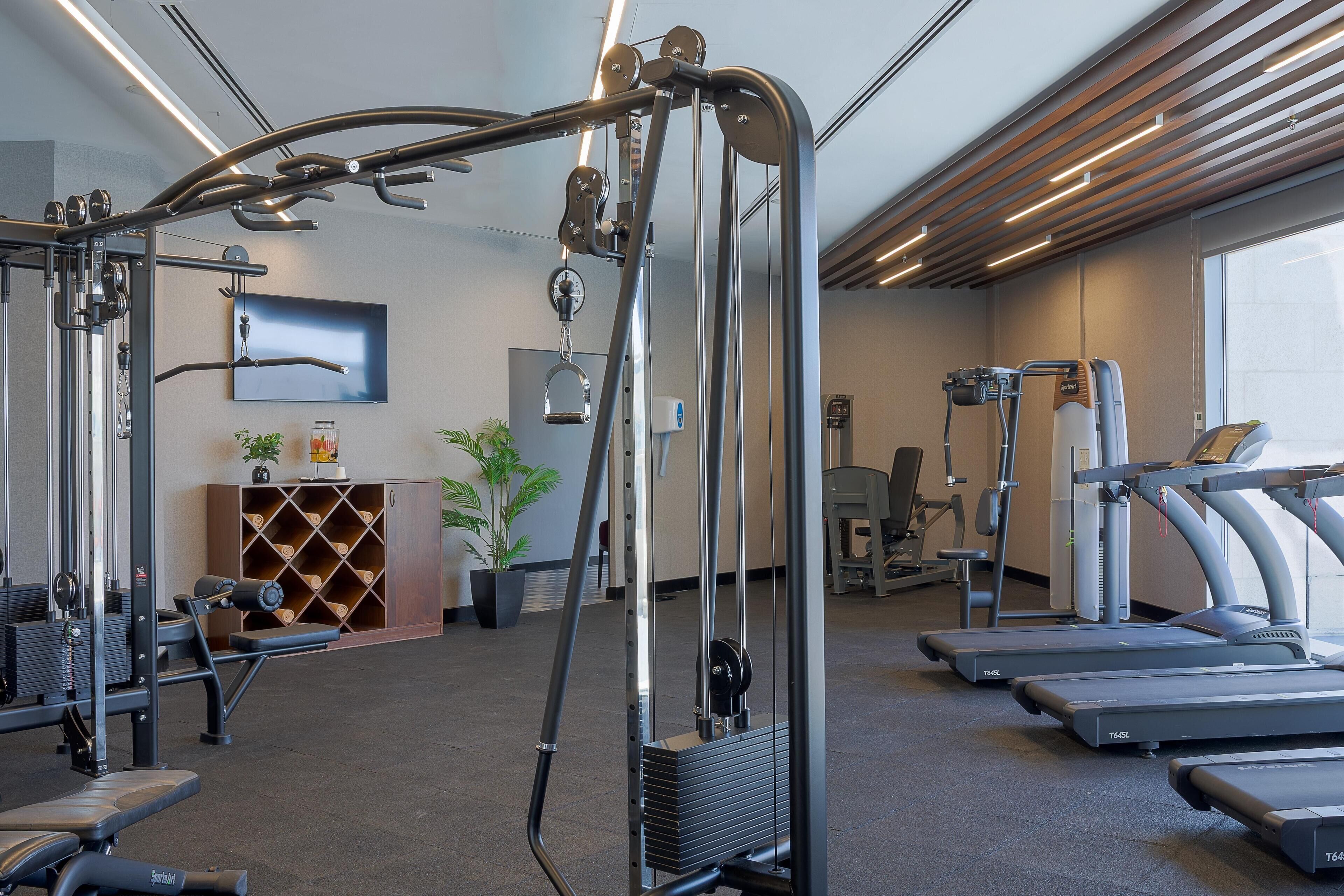 A gym with various exercise equipment, a TV, and a seating area with a plant.