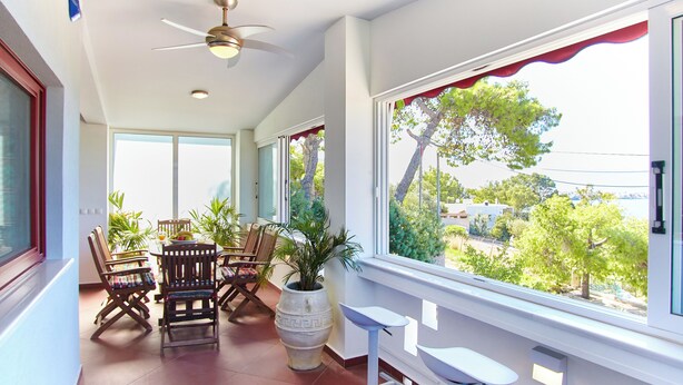 A sunlit room with a dining table, chairs, a potted plant, and a view of greenery outside.