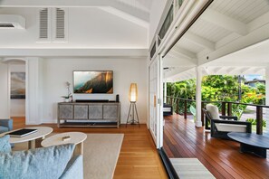 Smart-TV, Tischtennisplatte, Bücher, Stereoanlage