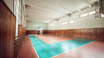 An indoor sports court with a basketball hoop, wooden walls, and a high ceiling.