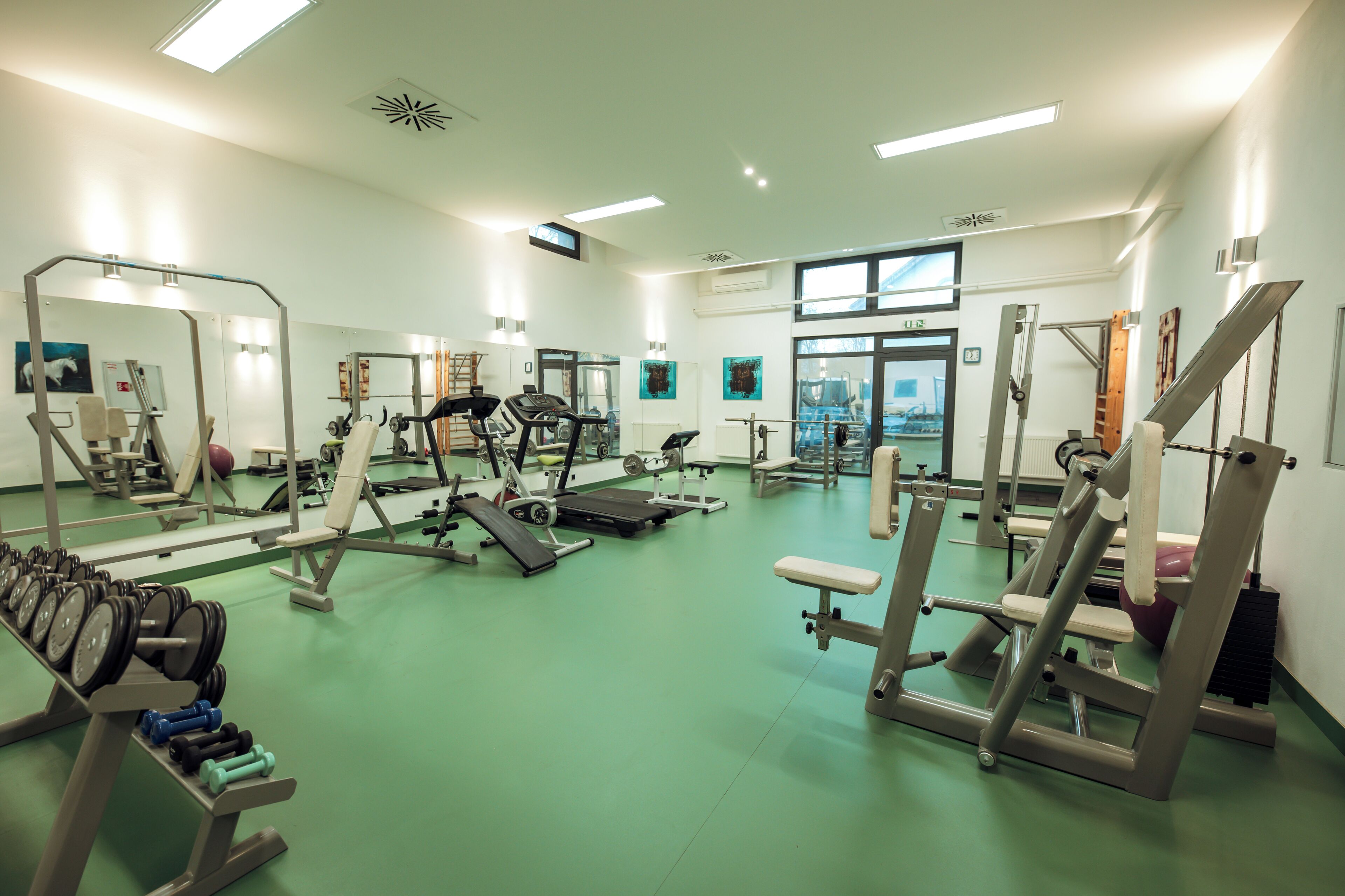 A gym with various exercise equipment, mirrors, and a green floor.