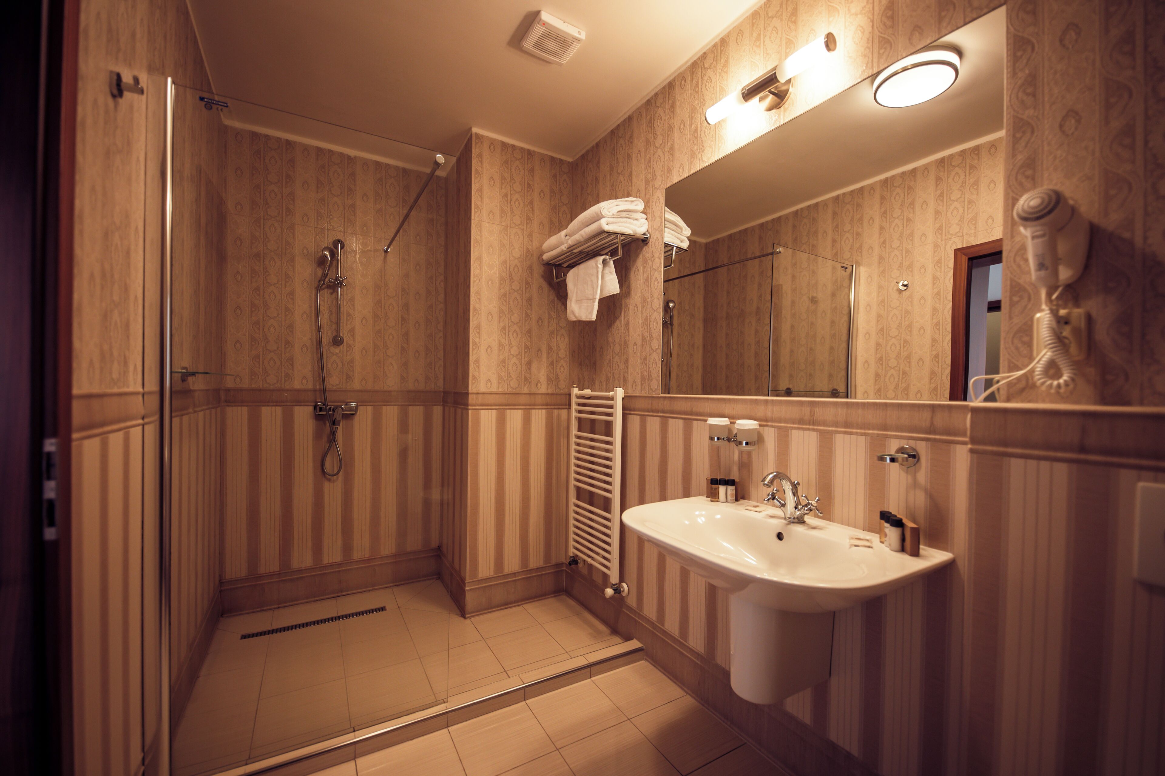 Ein Badezimmer mit begehbarer Dusche, Waschbecken und Spiegel.