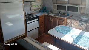 Een kleine RV-keuken met een koelkast, kookplaat, magnetron en spoelbak.