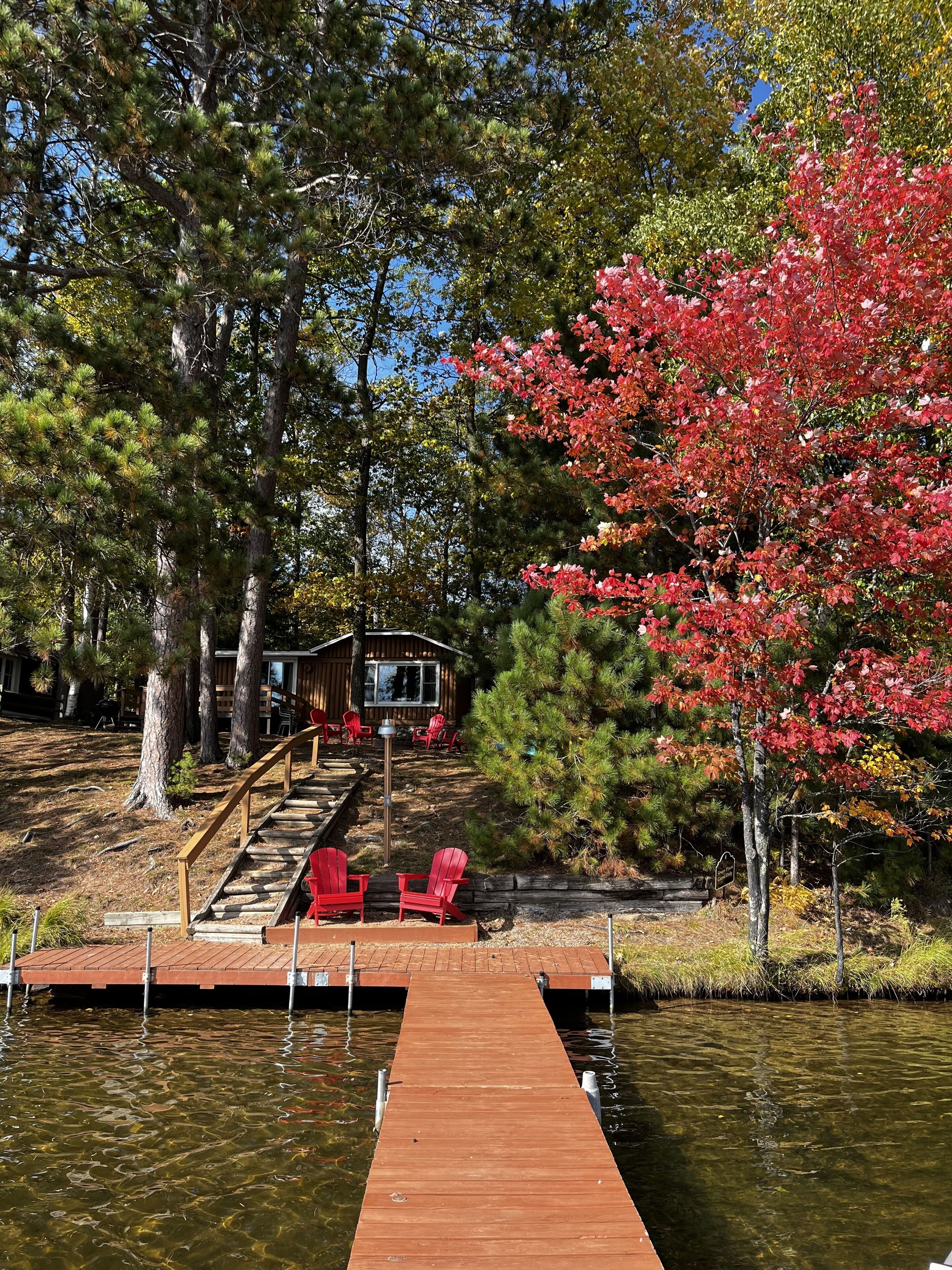 A wooden dock leading to a cabin with red chairs, surrounded by trees and a clear sky.