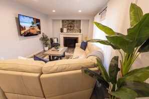 Smart TV, fireplace, video games, foosball