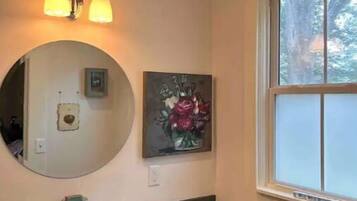 Shower, towels, soap, toilet paper