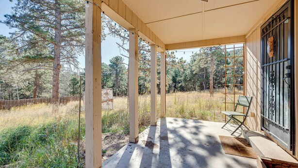 A covered porch with a view of a forest, a chair, and a door with a metal gate. - 17 Mi to Town: Peaceful Pet-friendly Golden Cabin! (Golden)