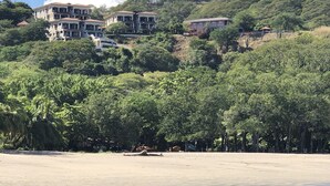 A beachfront property with multiple buildings, lush greenery, and a sandy beach. - Breathtaking panoramic ocean view Penthouse Condo. (Playa Hermosa)