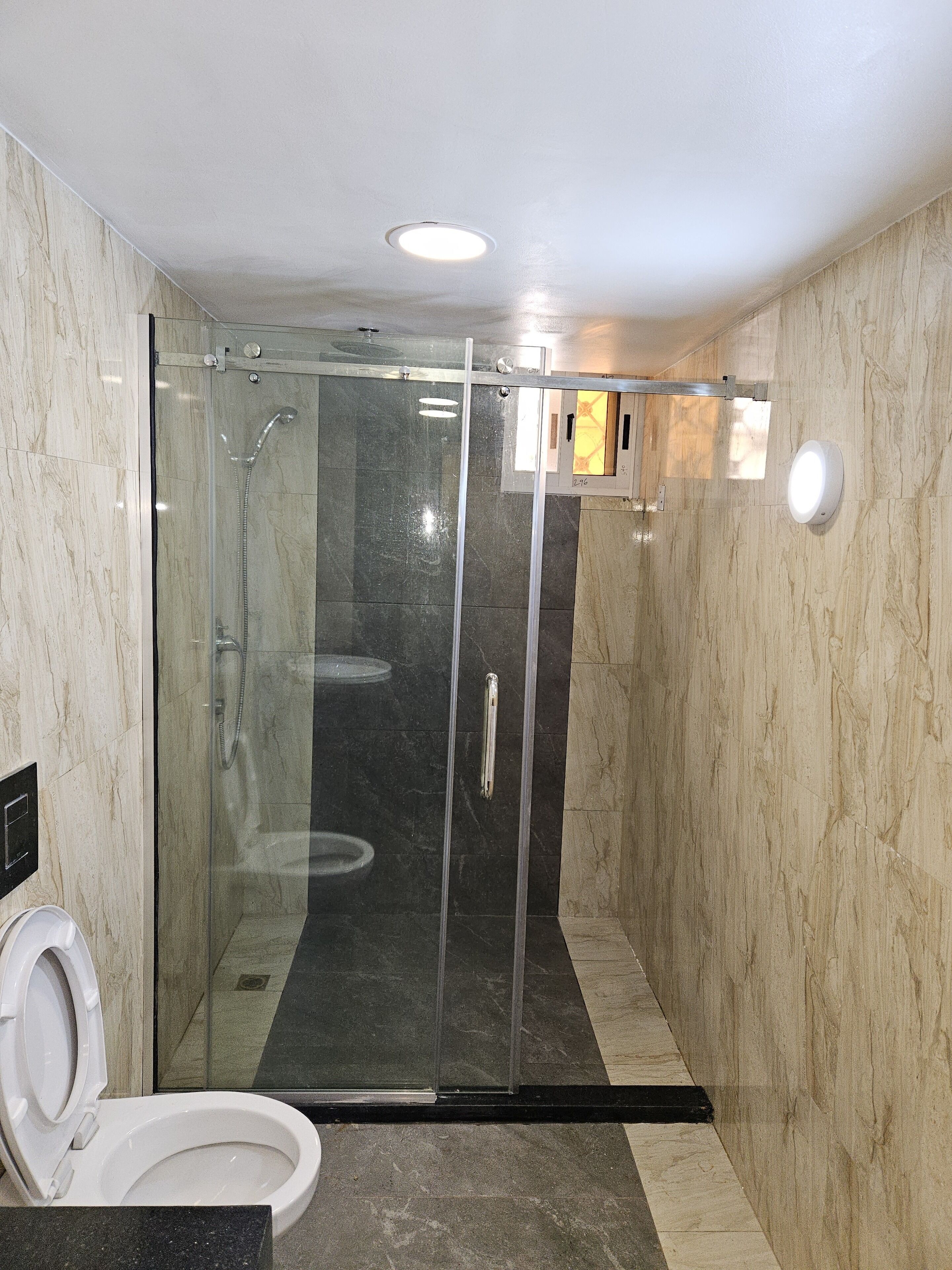 A modern bathroom with a glass-enclosed shower, a toilet, and a sink.