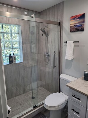 Shower, hair dryer, towels, soap