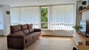 A living room with a brown sofa, a wooden coffee table, a TV on a wooden stand, and a window with sheer curtains. - Hydros Ter Ripoll HUT (Ripoll)