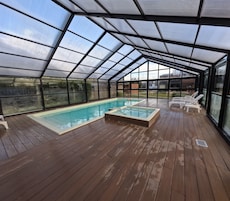 Indoor pool, outdoor pool, pool umbrellas, sun loungers