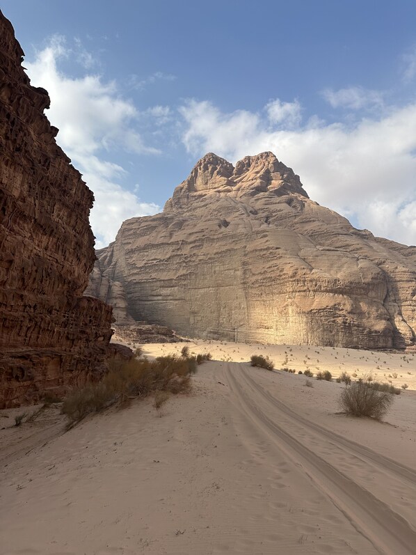 A desert landscape with a prominent rocky mountain and a dirt road leading towards it.