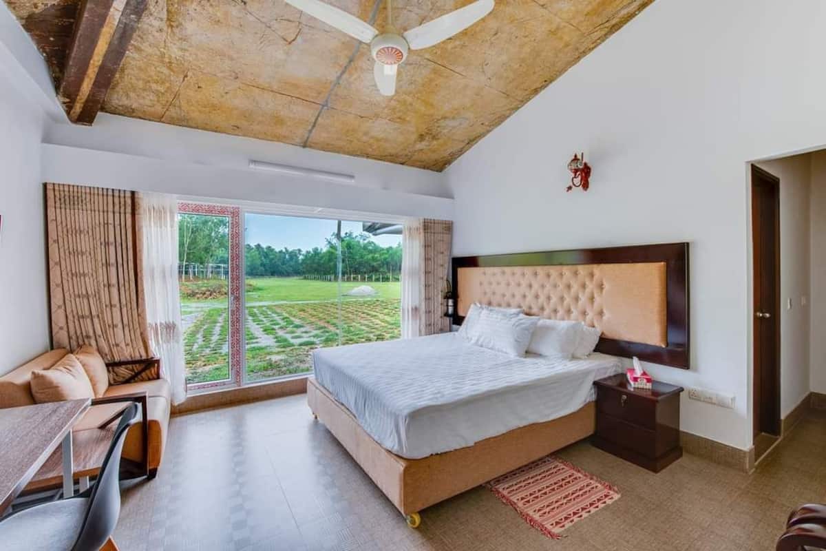 A bedroom with a large bed, a ceiling fan, a nightstand, and a view of a garden through a sliding door.