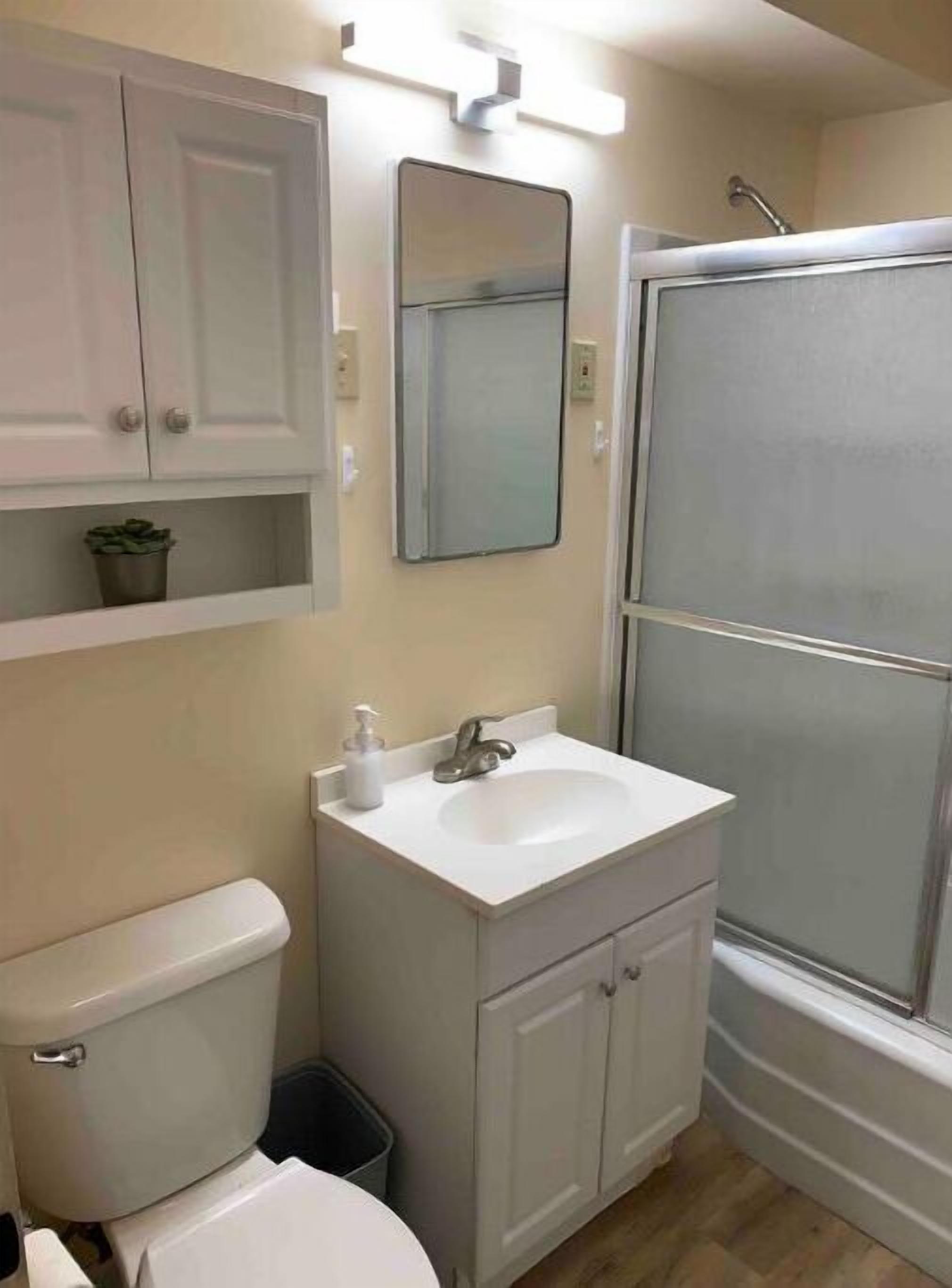 A bathroom with a toilet, sink, mirror, cabinet, and shower.