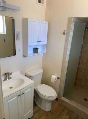 Douche, sèche-cheveux, serviettes fournies, savon