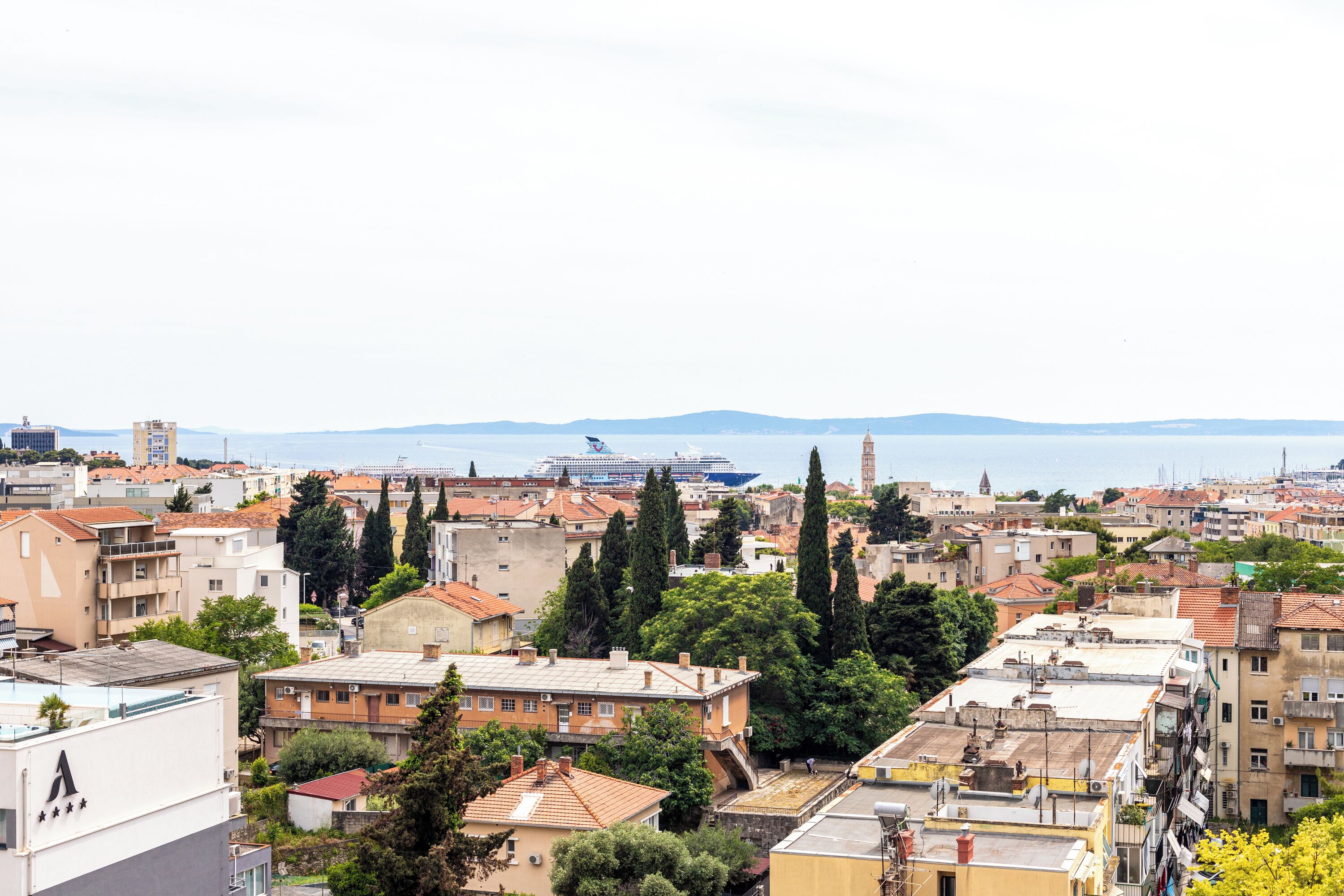 Un paysage urbain côtier avec des bâtiments, des arbres et un navire de croisière à l’horizon.