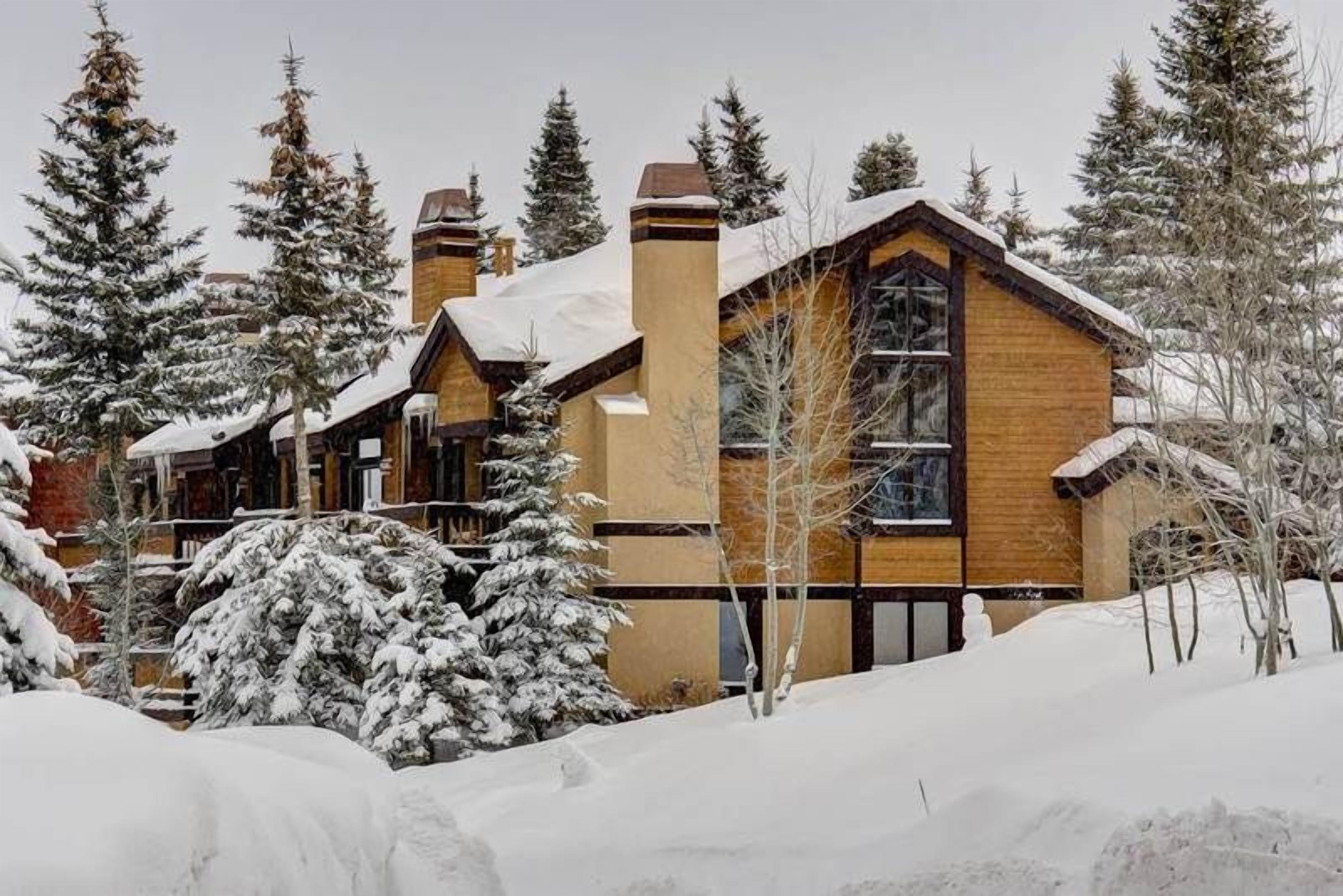 Een houten lodge met een grote schoorsteen, omringd door met sneeuw bedekte bomen.