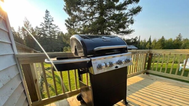Ein tragbarer Grill auf einer Holzterrasse mit Geländer, umgeben von Bäumen.