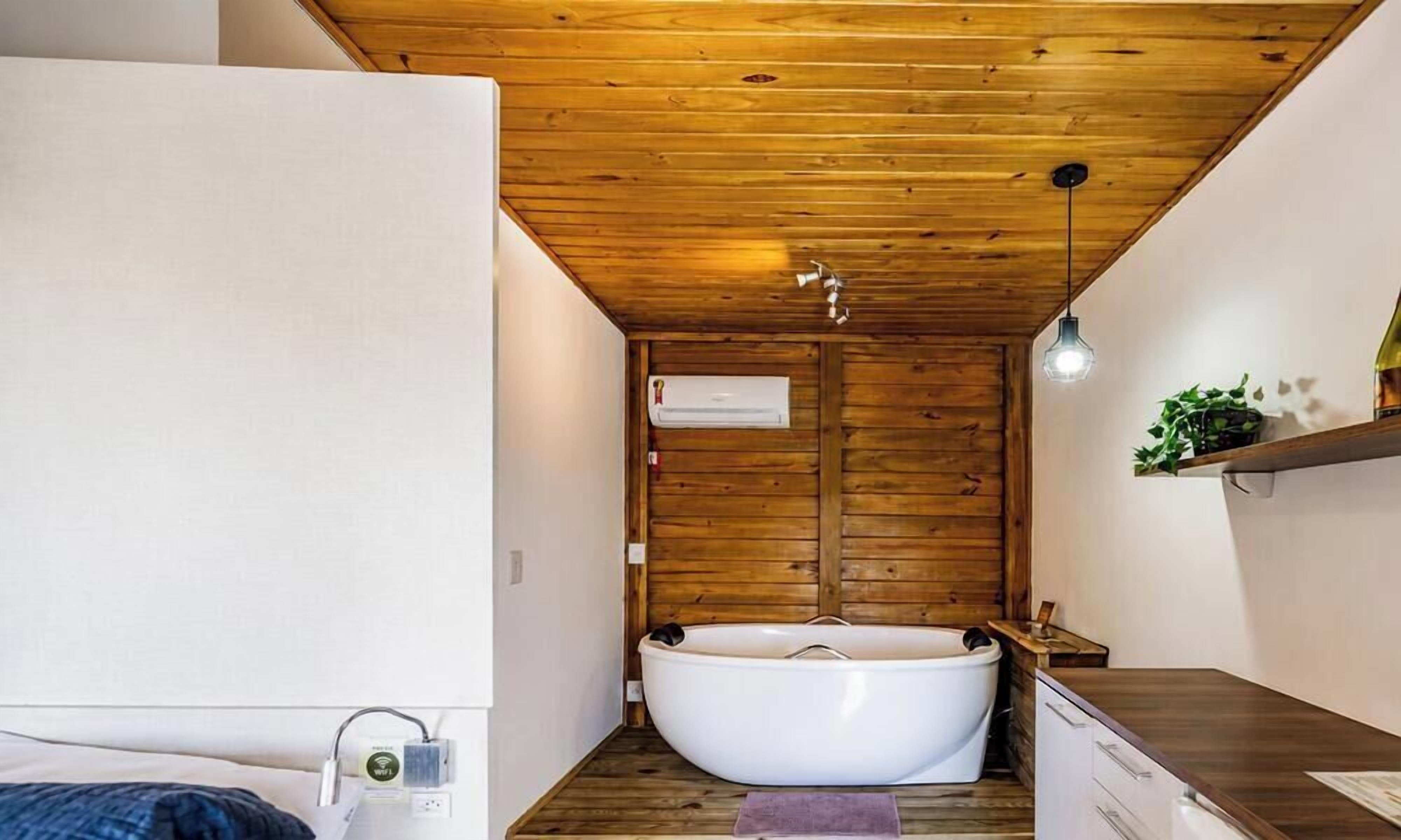 A compact bathroom with a freestanding bathtub, wooden ceiling, and a small shelf with a plant.