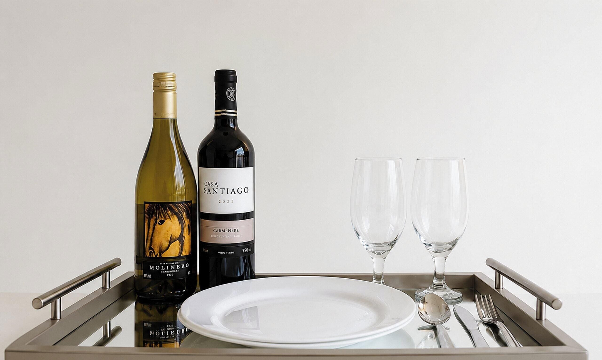 A tray with two wine bottles, a plate, and two glasses.