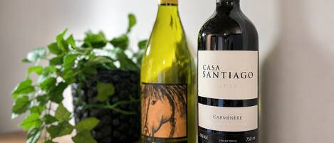 Two wine bottles on a wooden surface with a potted plant in the background.
