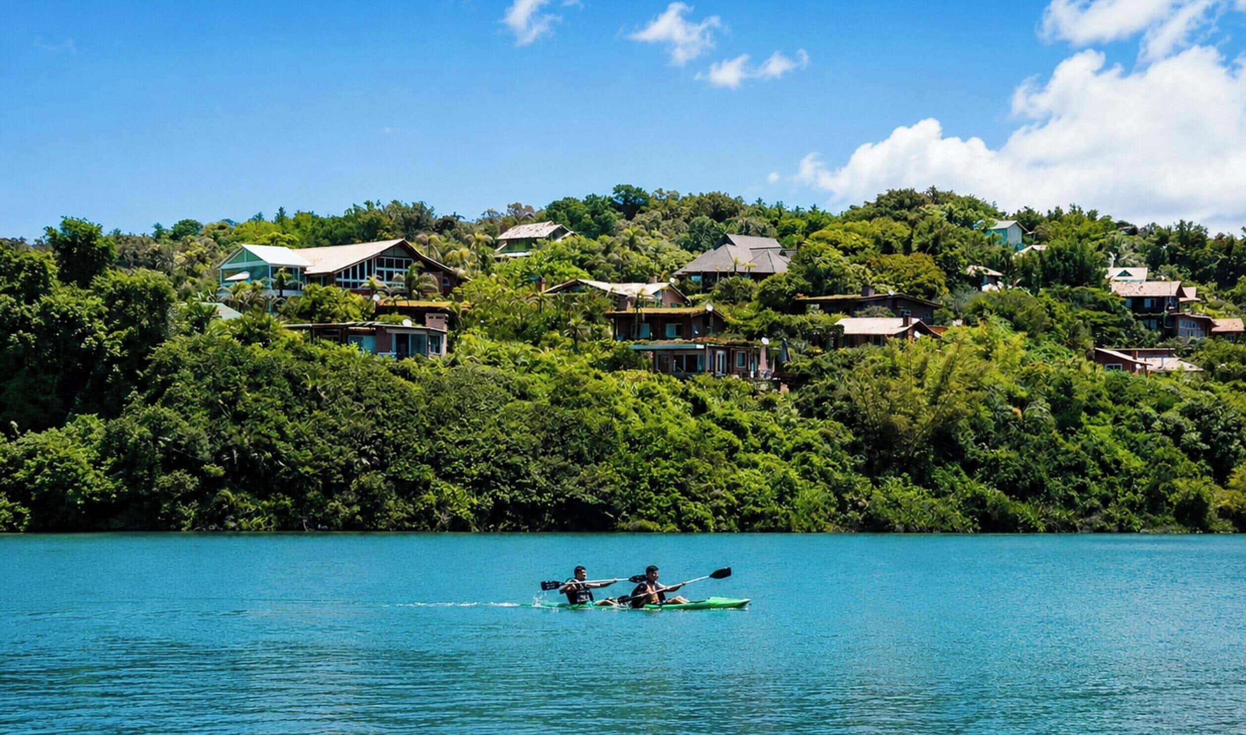 A calm lake with a kayaker and a companion, surrounded by lush greenery and houses on a hillside.