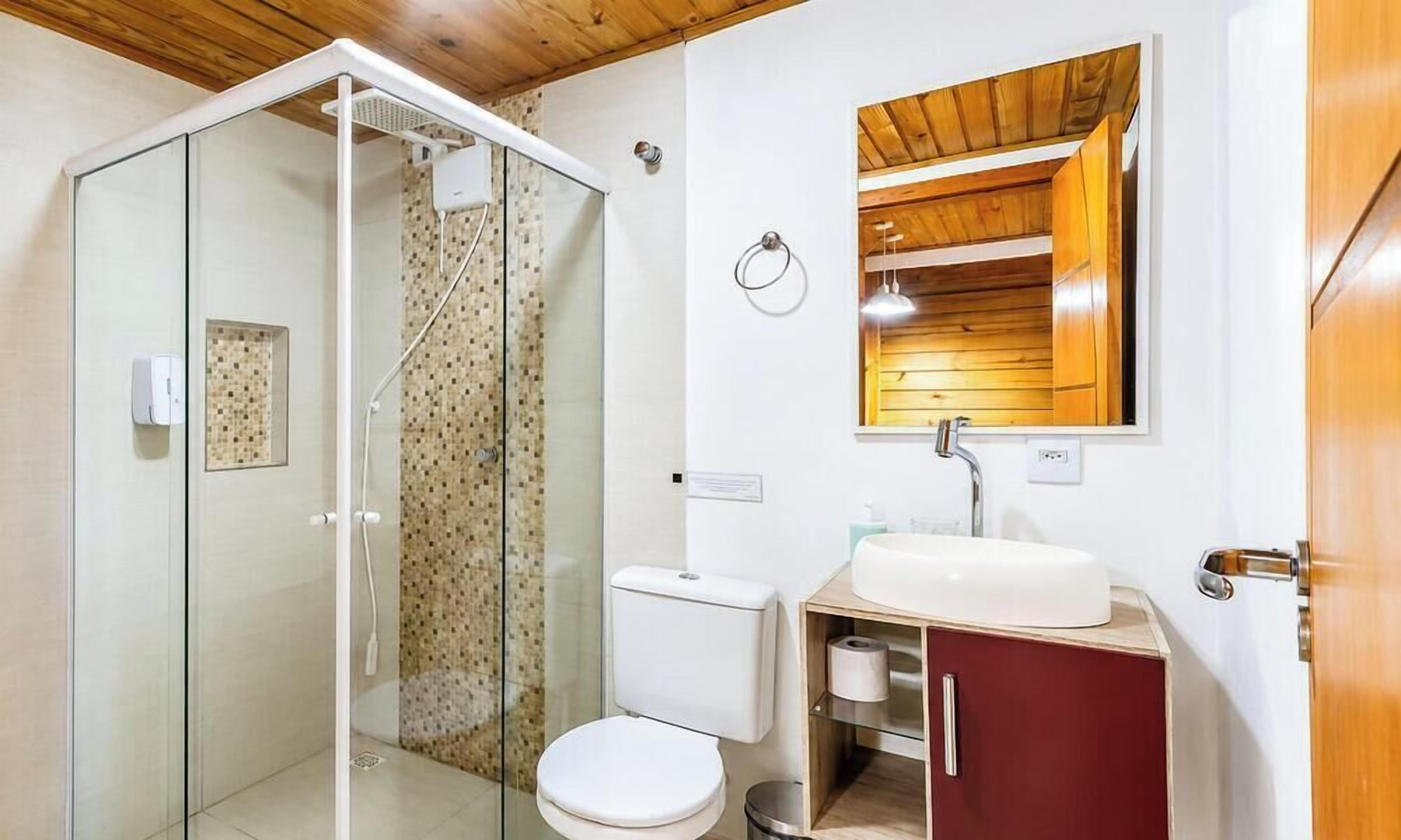 A bathroom with a glass shower enclosure, a toilet, a sink, and a mirror above the sink.