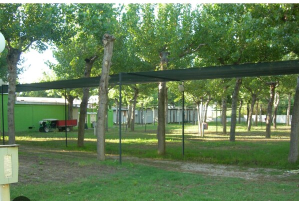 A fenced outdoor area with trees and a green building in the background. - New Village Europe (Vasto)