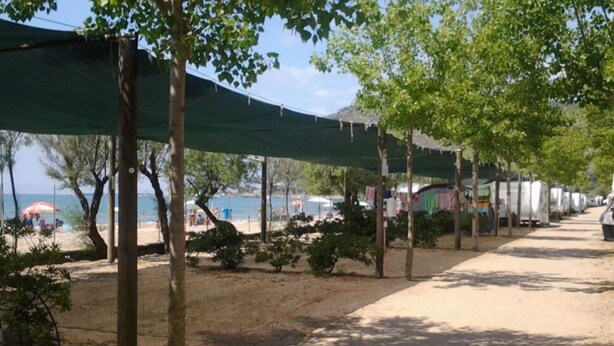 A row of beachside tents with a sandy path and trees. - New Village Europe  (Vasto)