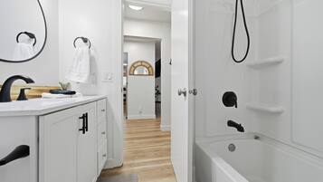 Hair dryer, towels, soap, shampoo