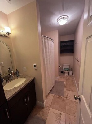 Hair dryer, towels, soap, shampoo