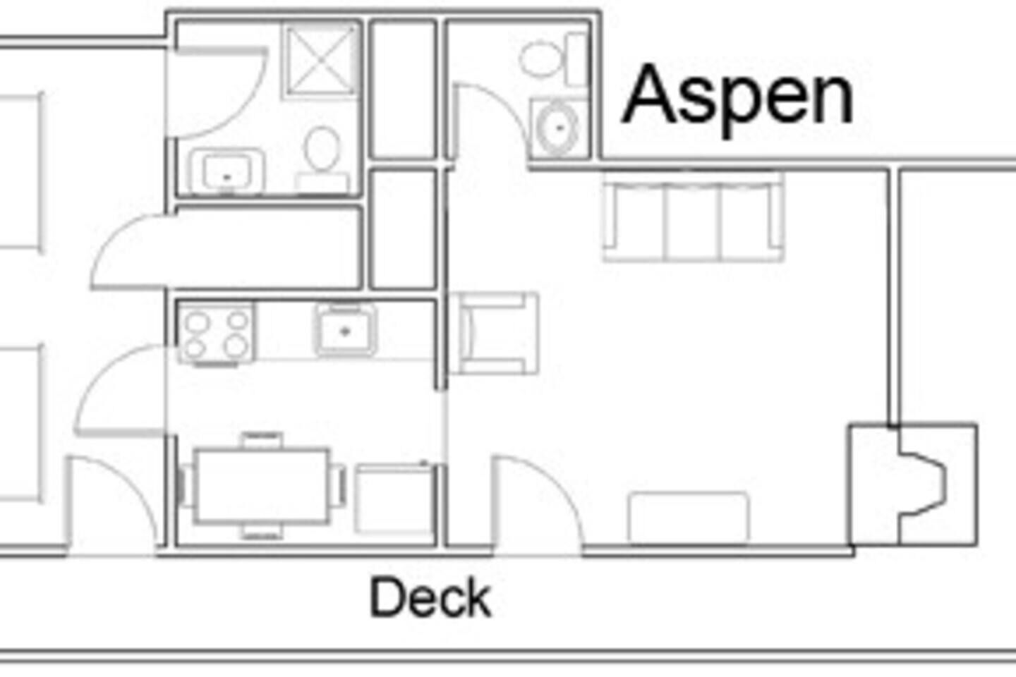 Grundplan af et hotelværelse mærket 'Aspen' med et 'Deck'-område.