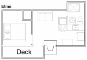 A floor plan with a kitchen, a dining area, and a deck. - Elms Cabin at Lazy Oaks Resort (Lakeside)