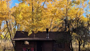A cabin with a chimney, a small porch, and a grill outside. - Elms Cabin at Lazy Oaks Resort (Lakeside)