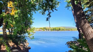 Vista al lago con cielo despejado, árboles y costa rocosa.