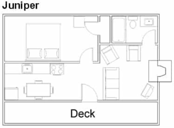 Plan d’étage d’une chambre d’hôtel de la chaîne Juniper Deck, comprenant une kitchenette, un coin repas, une salle de bain et une douche.