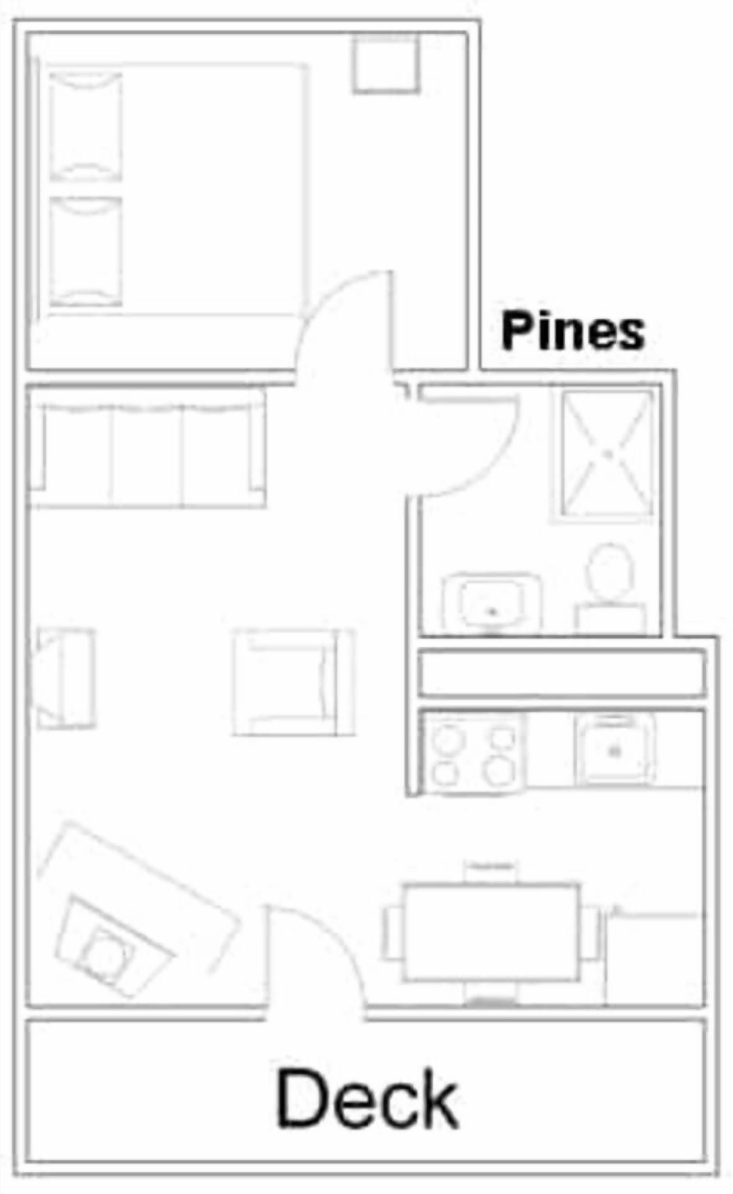 A floor plan with a 'Deck' and 'Pines' area.