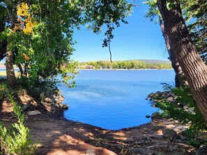Vista al lago con cielo despejado, árboles y costa rocosa.