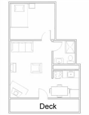Plano de una terraza con cocina, comedor y un dormitorio pequeño.