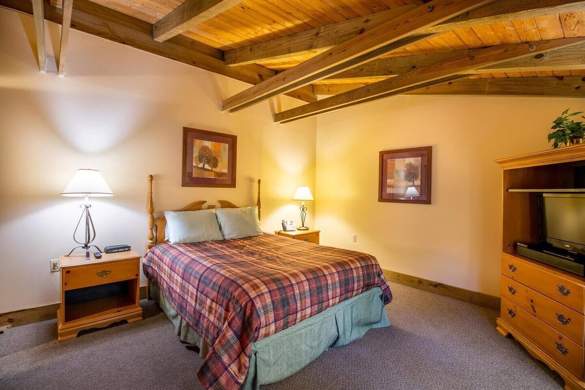 Een slaapkamer met een houten plafond, een bed met een geruite sprei, twee bedlampen, een nachtkastje, een dressoir met een televisie en twee ingekaderde foto’s aan de muur.