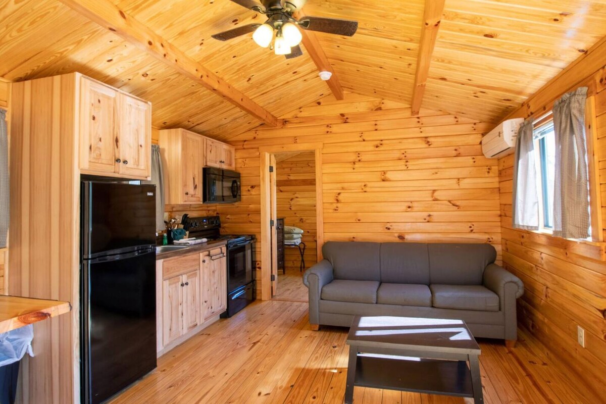 Interior de uma cabana de madeira com cozinha compacta, um sofá cinza e um ventilador de teto.