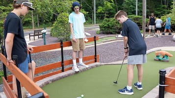 En miniatyrgolfbana med en grön konstgräsmatta, ett trästaket och en liten damm med en rävstaty.