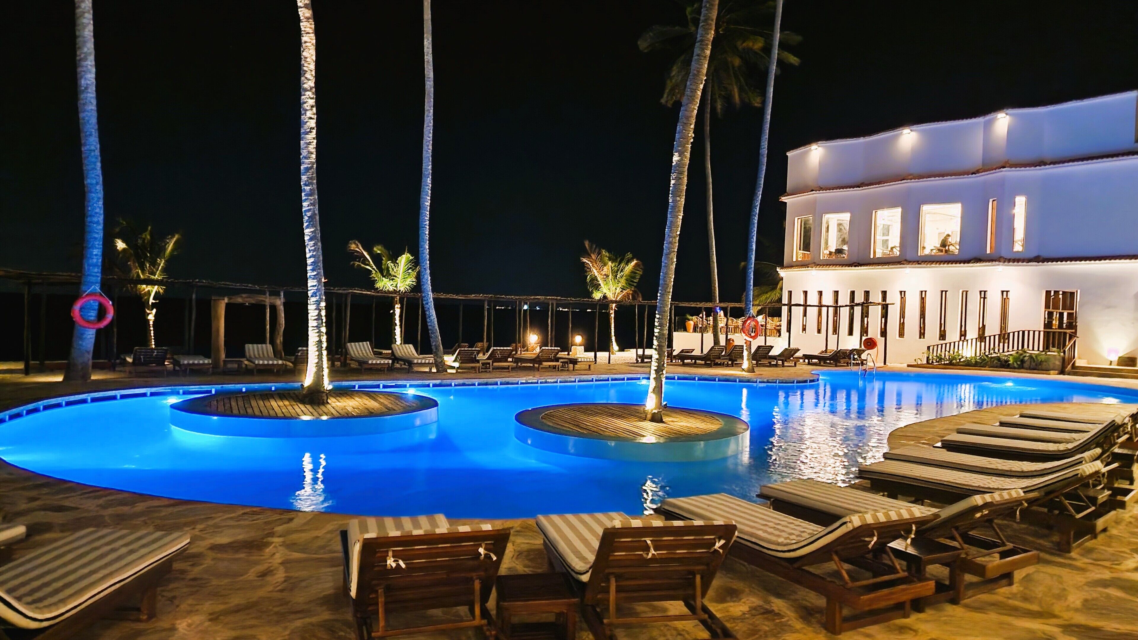 A nighttime pool area with lounge chairs and palm trees.