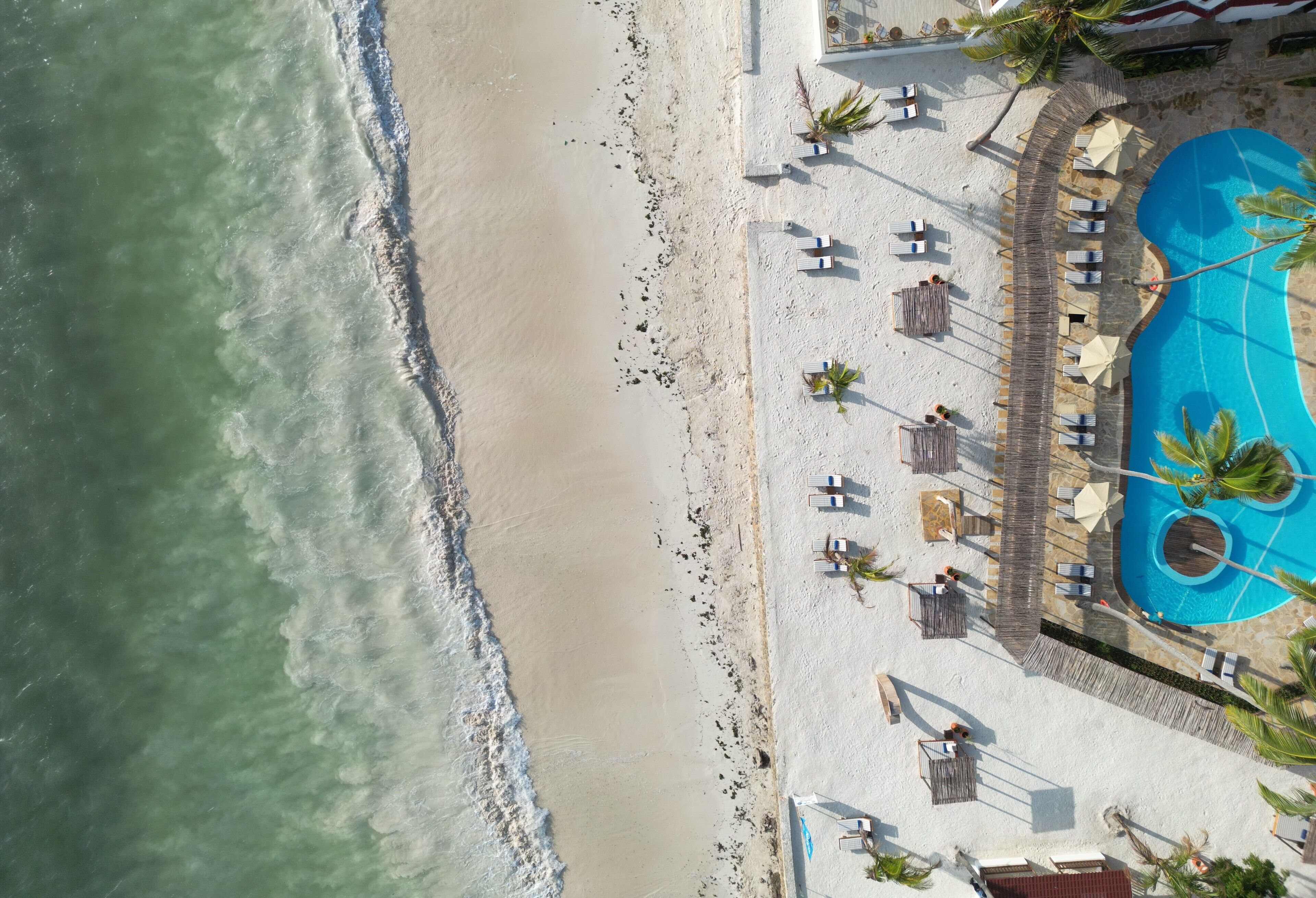 An aerial view of a beachside resort with a swimming pool, sun loungers, and palm trees.